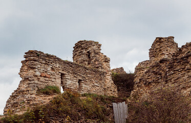 The ruined corner tower and a part of the wall of the medieval fortress Koporye