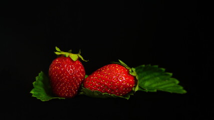 Two large red ripe juicy strawberries lying on two green leaves on a black background.