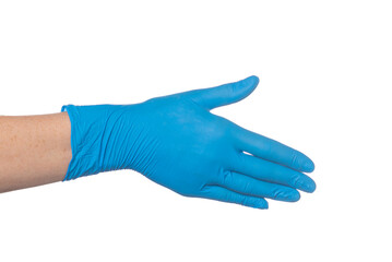 handshake gesture - hand in a nitrile blue glove on a white background