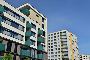 Upward view of a residential modern buildings. City accommodation in a residential area.