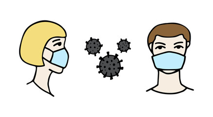 Man and woman wearing protective Medical mask for prevent Wuhan infection. Novel coronavirus 2019-nCoV. Virus symbol. Cell microbe.†Prevention of covid. Global pandemic alert. Covid-19 outbreak.