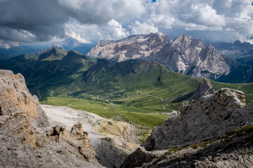 View from top of Sella Group plateau onto the dramatic peaks of Sassolungo