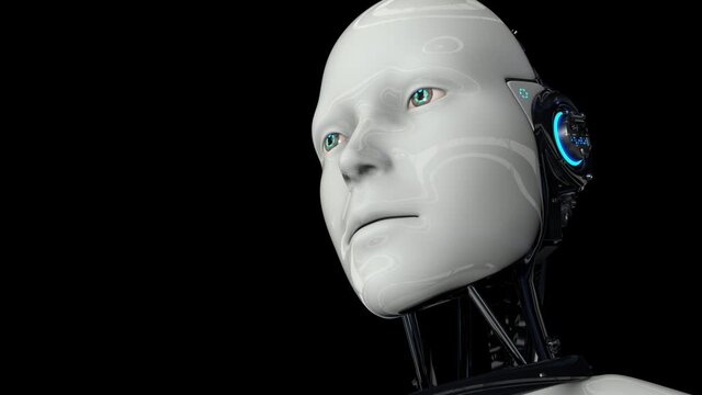 A humanoid robot on a black background turns on and raises its head. The camera moves away. 4K. 3D animation.
