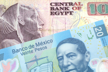 A ten Egyptian pound bill with A blue Mexican peso note from Mexico close up in macro