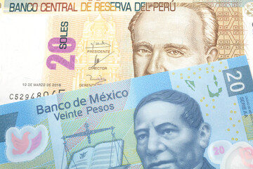A pastel colored, twenty Peruvian sol bank note, close up in macro with a blue Mexican twenty peso bank note