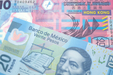 A colorful ten dollar bill from Hong Kong shot in macro with a blue, Mexican twenty peso bill