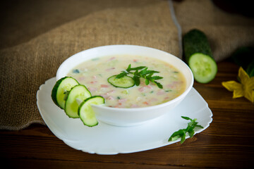 summer cucumber soup with vegetables on a wooden table