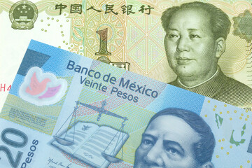 A close up image of a twenty peso note from Mexico along with a one yuan bank note from the People's Republic of China