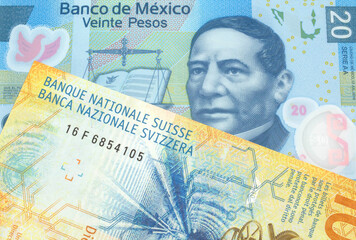 A yellow, ten Swiss franc note with a twenty Mexican peso bank note from Mexico's central bank
