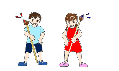 絵筆を持った男の子と女の子