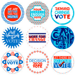 Set of nine Presidential Election campaign badges in United States of America patriotic flag colors for 2020 on an isolated white background in favor of democracy