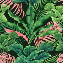 Watercolor painting coconut,banana,palm leaf,green ,pink leaves seamless pattern background.Watercolor summer illustration tropical exotic leaf prints for wallpaper,textile Hawaii aloha style © nongnuch_l