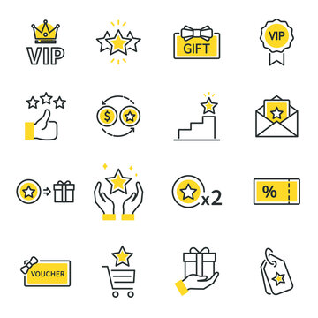 loyalty program line icon set. Included icons as member, VIP, Exclusive, Reward, Voucher, High level, Gift Cards, Coupon, outline icons set,  Simple Symbol, Badge,  Sign. Flat Vector thin line Icon