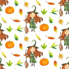 Hand drawn watercolor pattern dedicated to Halloween.Cute witch with autumn leaves.Cartoon concept.