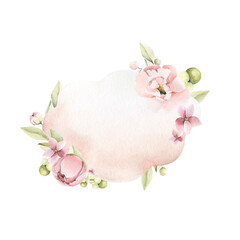 Hand drawing watercolor сhildren's illustration- cloud with pink flowers of peony, leaves. illustration isolated on white