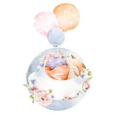 Hand drawing watercolor сhildren's illustration - cute sleeping fox on the cloud with pink flowers of peony, leaves, balloons. illustration isolated on white
