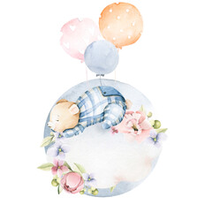 Hand drawing watercolor сhildren's illustration - cute sleeping bear on the cloud with pink flowers of peony, leaves, balloons. illustration isolated on white
