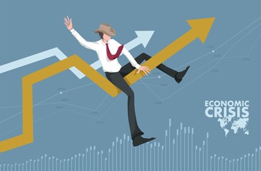 Fototapeta premium Global economic crisis. Markets, economy, graphic table, arrow, ups and downs, pandemic. Covid-19, rodeo, businessman, difficulty. Graphic tables, charts, lines in the background. Worrying about.