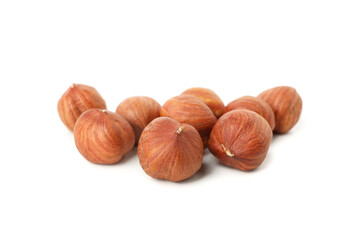 Tasty hazelnuts isolated on white background. Vitamin food