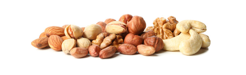 Different tasty nuts isolated on white background. Vitamin food