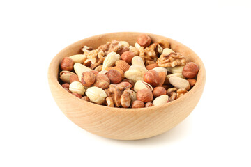Bowl with different nuts isolated on white background. Vitamin food