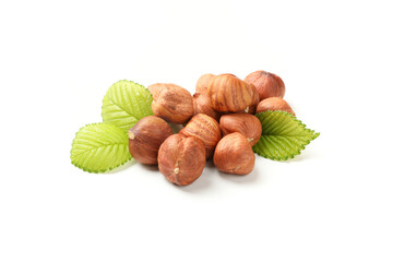 Tasty hazelnuts with leaves isolated on white background