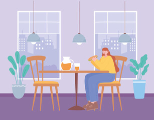 restaurant social distancing, woman eating fast food, covid 19 pandemic, prevention of coronavirus infection