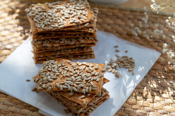 Healthy fresh baked crackers with sunflower seeds 