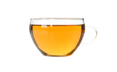 Glass cup of chamomile tea isolated on white background