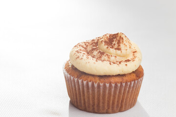 Tiramisu cupcake decorated with cocoa on white background homemade lactose free
