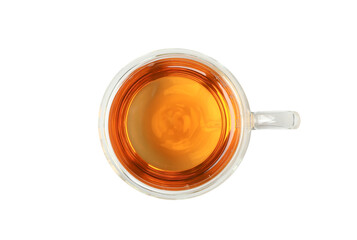 Glass cup of chamomile tea isolated on white background