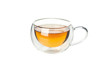 Glass cup of chamomile tea isolated on white background