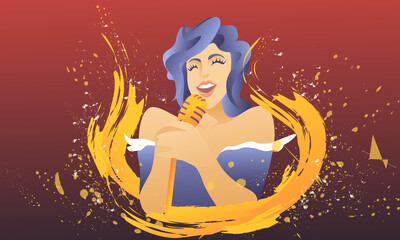 Beautiful bright girl sings in karaoke on a background of abstract golden splash. Young jazz singer in a dress enjoys singing and music.
