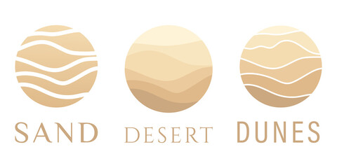 Sand logo,dunes,icon beach,sign desert abstract pattern of wavy lines in beige gold color paper cut background.Logo template,badge,label,stamp,pictogram for tourism,travel,arabian landscape.Vector