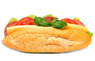fresh sandwich with sausage cheese and greens on a white background