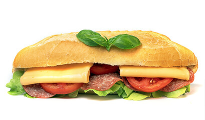 fresh sandwich with sausage cheese and greens on a white background