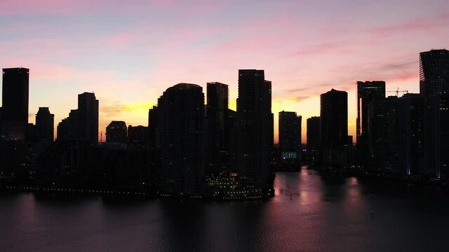 Downtown Miami Aerial Drone View Bayfront at Sunset 