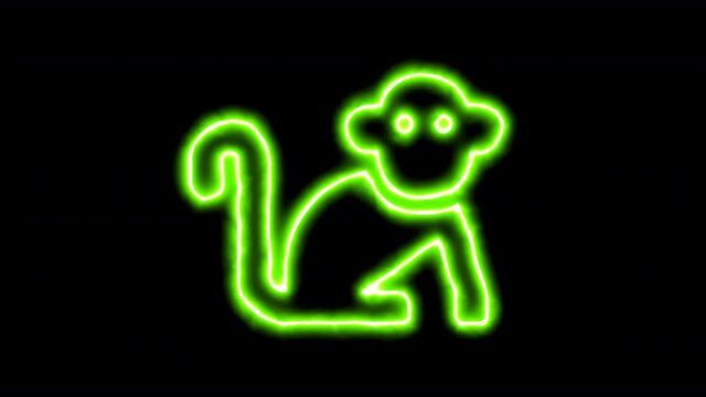The appearance of the green neon symbol monkey. Flicker, In - Out. Alpha channel Premultiplied - Matted with color black