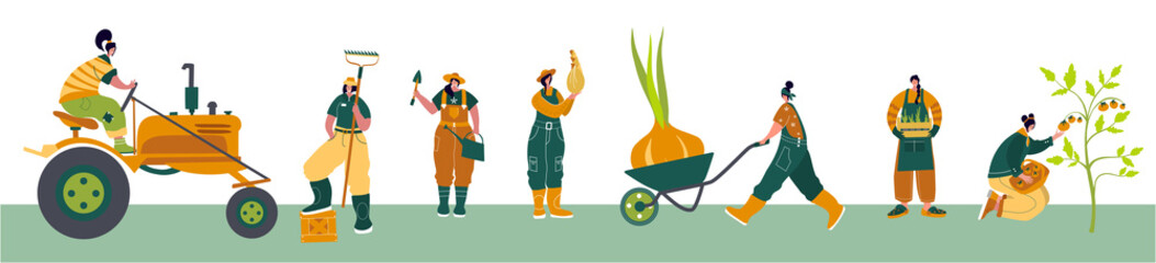 Organic farming. Agricultural workers planting and gathering crops, working on tractor, farmer, farmhouse. Flat cartoon vector illustration. Local grown.