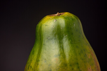 Closeup with details and textures of the top of a large green, and yellow colourful fresh tropical red papaya fruit against a dark background. Studio low key food still life.