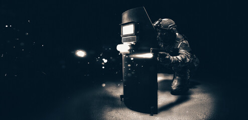 Image of a computer player in a shooting game. ESports concept.