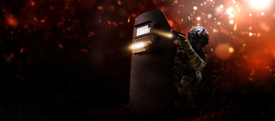 Image of a computer player in a shooting game. ESports concept.