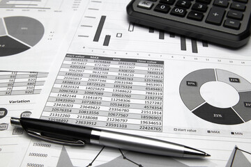 business office desk closeup - financial reports, analysis and accounting, set of documents, tables and graphs, various items for bookkeeping, calculator