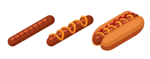 Isometric hot dog. Hot dog and sausage isolated on white background.