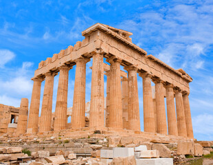Famous ancient  Greek Parthenon temple on a bright day at Acropolis in Athens, Greece