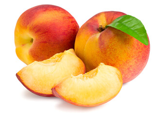 peach fruit with green leaf and slice isolated on white background