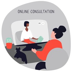 Woman at the psychologist online session. Doctor consultation by phone. Video call to psychiatrist. Online psychological therapy. Hand drawn doodle vector graphic