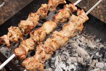 Shish kebab cooking in open air in summer.