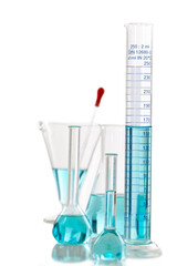 Assorted laboratory glassware equipment ready for an experiment in a science research laboratory