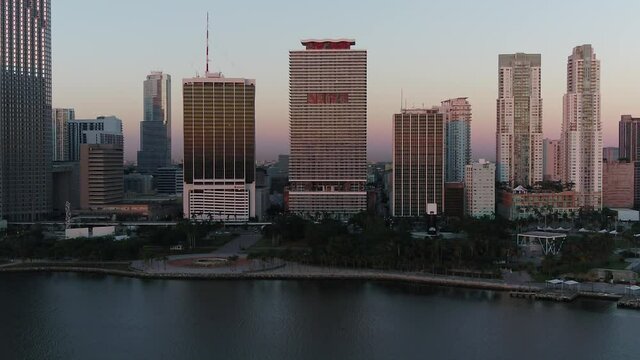 Sunrise in Miami Downtown from bayfront Park aerial View

